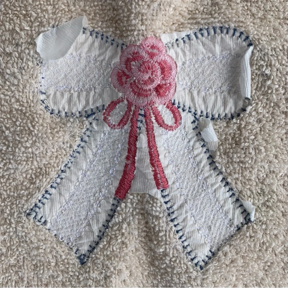 Vintage Hand Towel Bow Appliqué With Fringe Cream Pink And Blue 80s 90s Granny